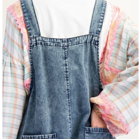 Easel Boho Blue Denim Bib Overalls with Floral Patches - Picture 7 of 12